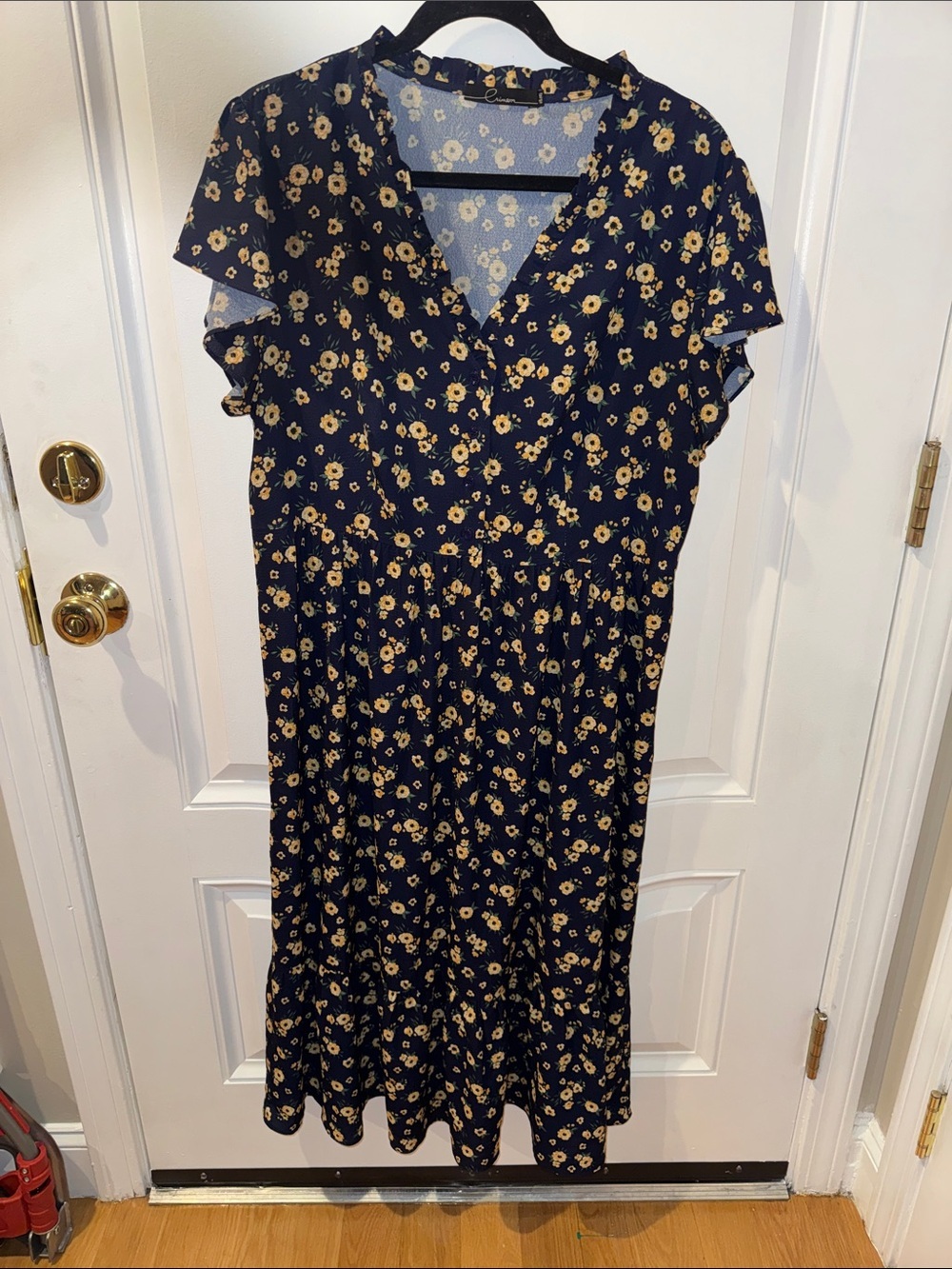 Crimson Floral Midi Dress Womens L Navy Blue Yellow Floral Ruffle Sleeve Boho - Picture 7 of 8